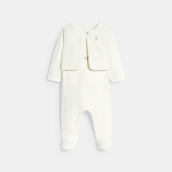 طقم نوم مخملي أبيض اللون للفتيان الرضع، مع صدرية بدون أكمام من قماش البوا الناعم